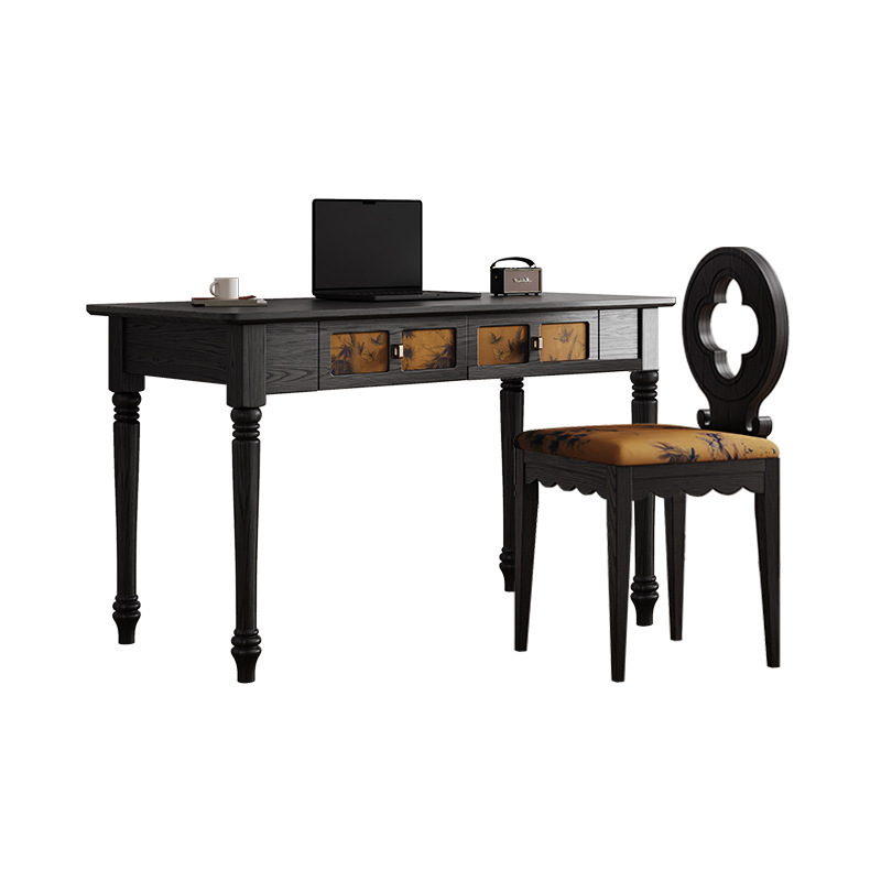 French Style Vintage Desk Xiangyun Yarn Black Dressing Desk Writing Desk Integrated Ash Solid Wooden Leg Computer Desk for Home