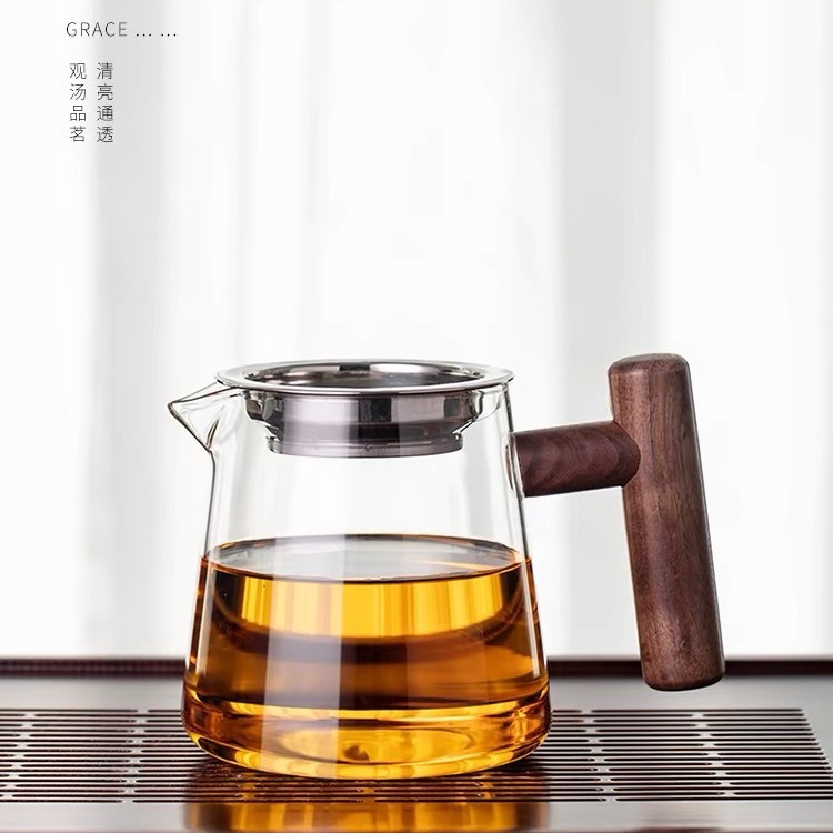 Green Tea Infuser, High-End Integrated Filter Fair Cup, Wooden Handle, Crescent Tea Cup, High Borosilicate Glass Teapot