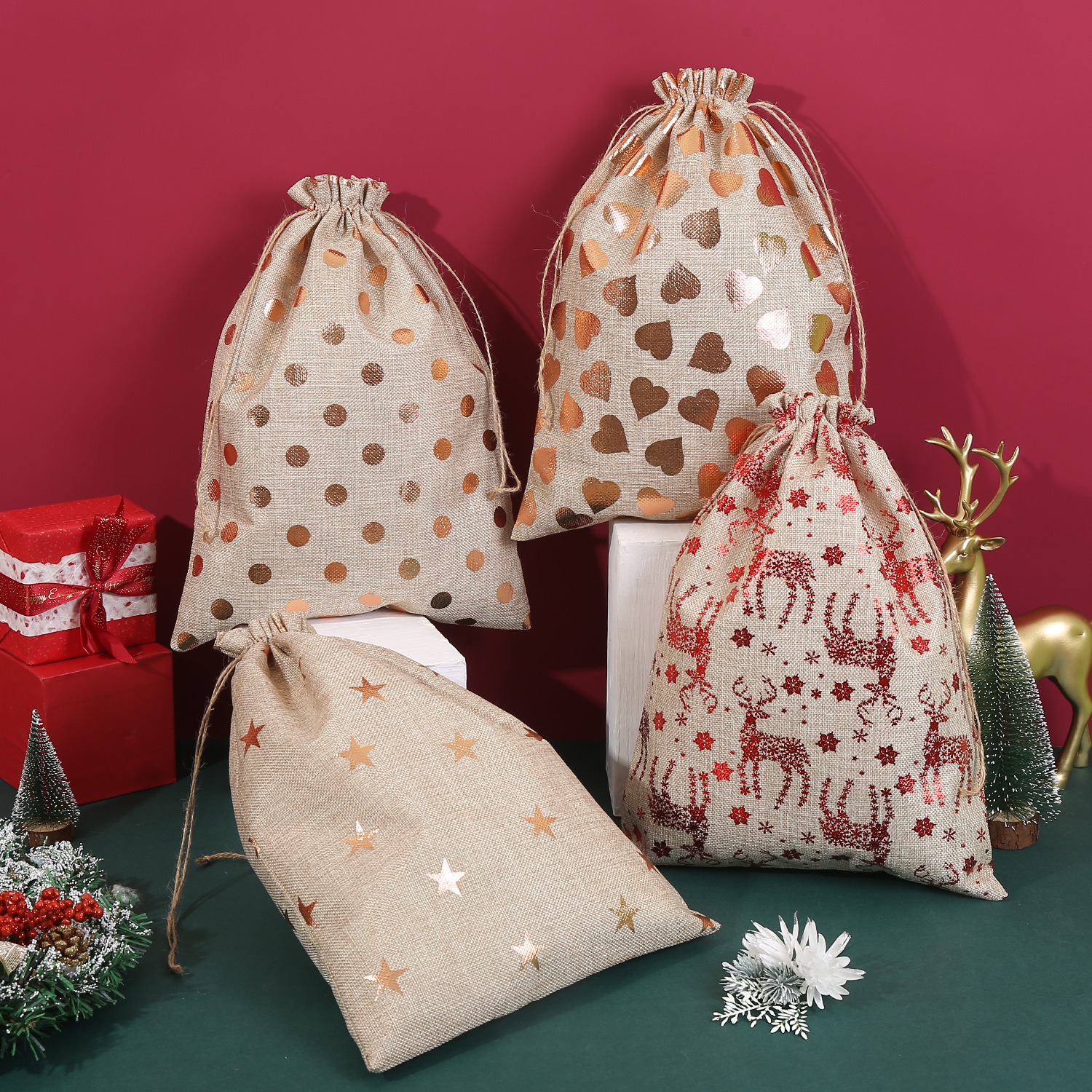 Cross-Border New Large Linen Christmas Gift Bag Candy Gift Packaging Bag Hot Stamping Drawstring Storage Bag