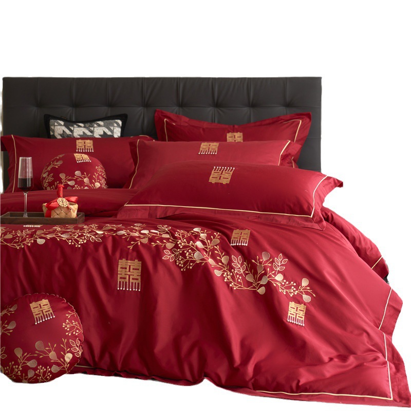New Chinese Wedding 100 Long-staple Cotton Four-piece Double Happiness Embroidered Cotton Wedding Quilt Cover Bed Sheet Bedding