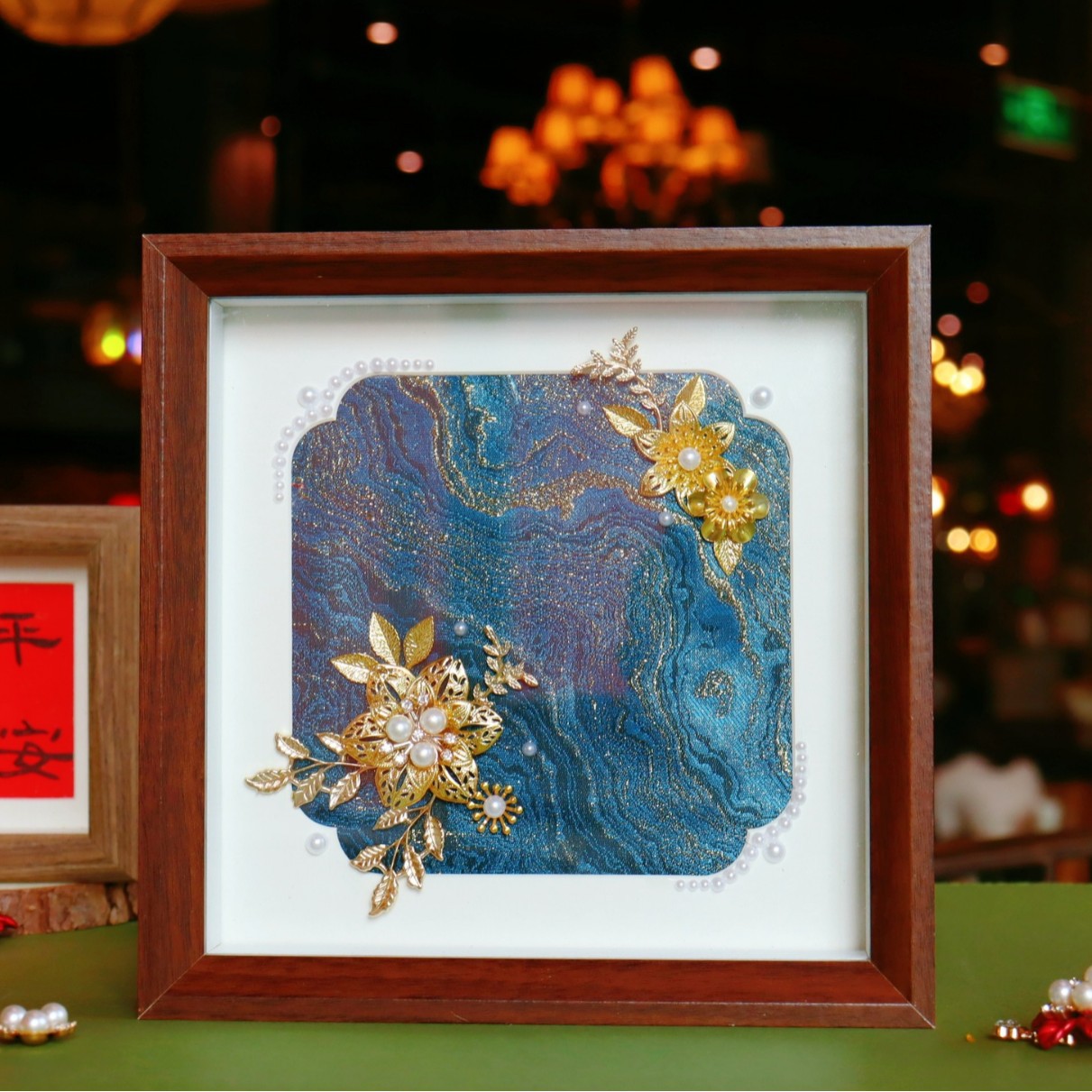 Imitation Song Dynasty Brocade Pearl Painting DIY Material Kit with Rhinestones, New Chinese Style Decorative Photo Frame Painting Ornament for Team Building DIY