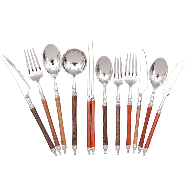 Saintburg 304 Stainless Steel Tableware Accessible Luxury Retro Wooden Handle Tableware Household Knife, Fork, Spoon, Soup Spoon, Chopsticks Tableware Set