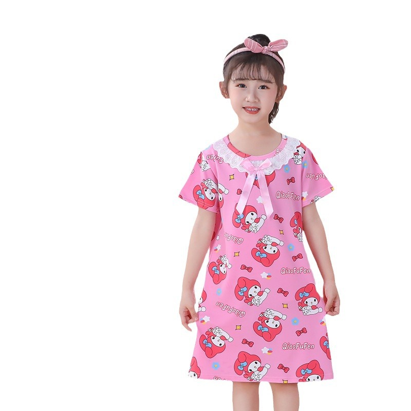 Girls Summer Nightgown Short-Sleeved Sweet Cartoon Lace Skirt Little Girl One-Piece Skirt Children's Clothing Medium and Large Children's Home Clothes