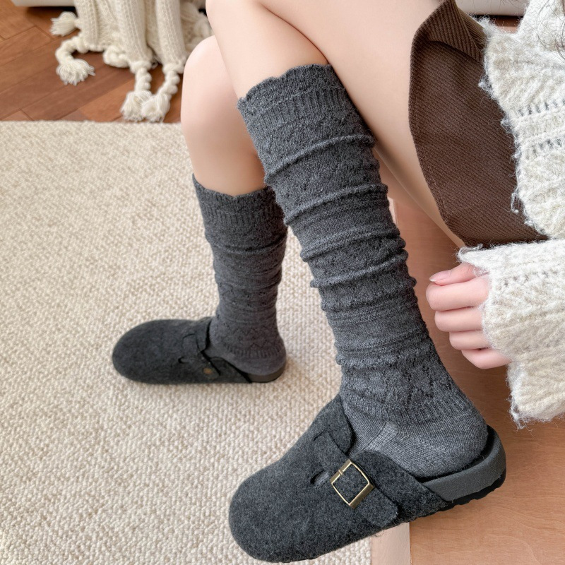Sweet and Slim Wool Calf Socks for Autumn and Winter, Thickened and Warm, Hollow-Out College Style Long Tube Slouch Socks, Versatile Boots