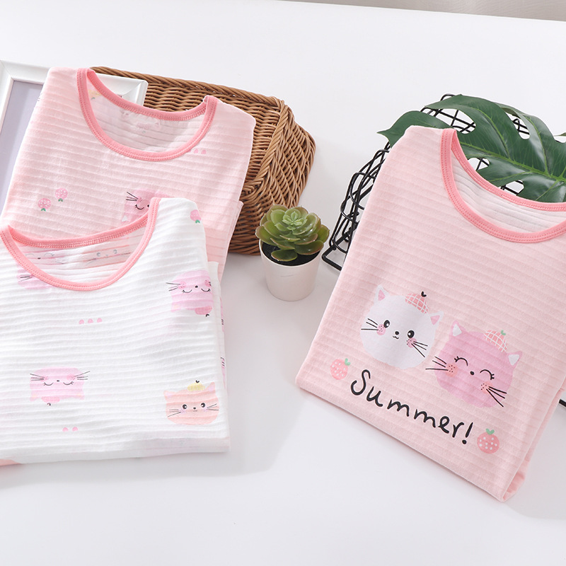 Girls' Nightgown Slub Cotton Short Sleeve Summer Thin Breathable Baby Girl Pajamas Parent-Child Home Clothes Air-conditioning Clothes New
