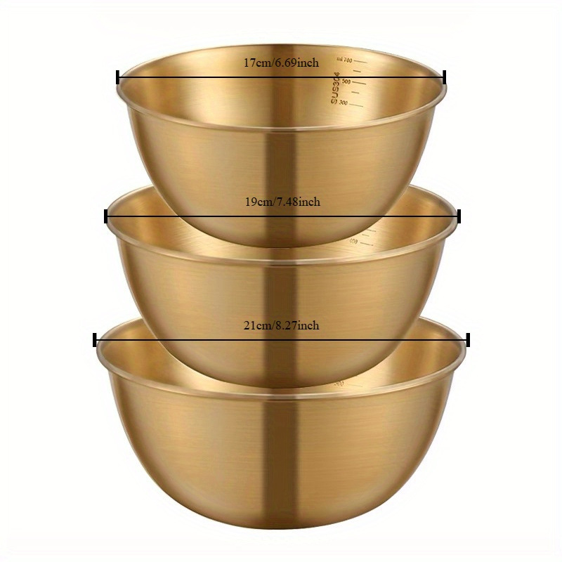 3-Piece Set of Stainless Steel Salad Bowls, Fruit Bowls, Kitchen Vegetable Washing Bowls, Egg Beating Bowls, Ramen Instant Noodle Bowls, Mixing Bowls