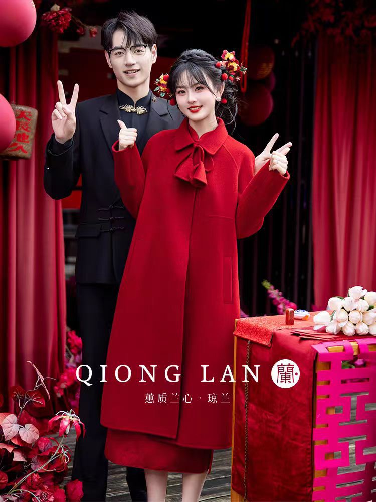 New Year Red Imitation Wool Coat Little 2024 Autumn and Winter Engagement Wedding Toast Bridal Woolen Coat