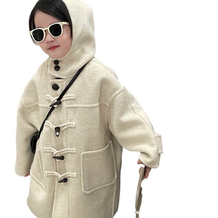 Boys and Girls coat autumn and winter New Korean style elegant horn buckle hooded woolen coat trendy children's one-piece delivery