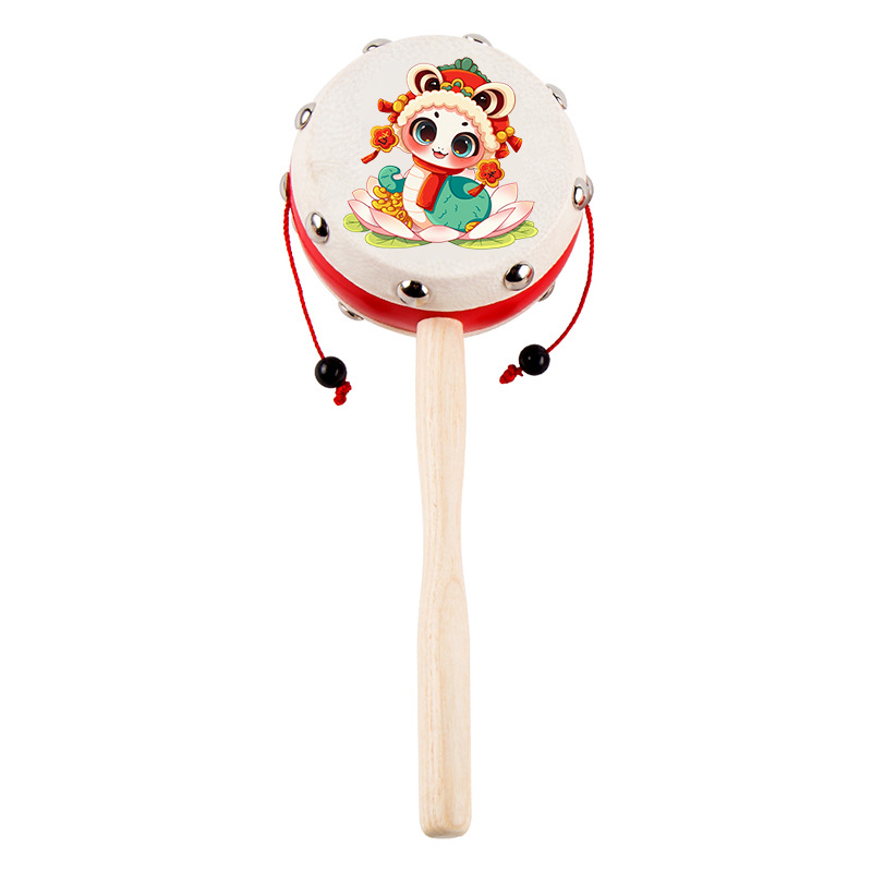 Rattle Baby Toy Gnawing Hand Wave Drum Baby Wooden Sheepskin Traditional Children Newborn Boys and Girls