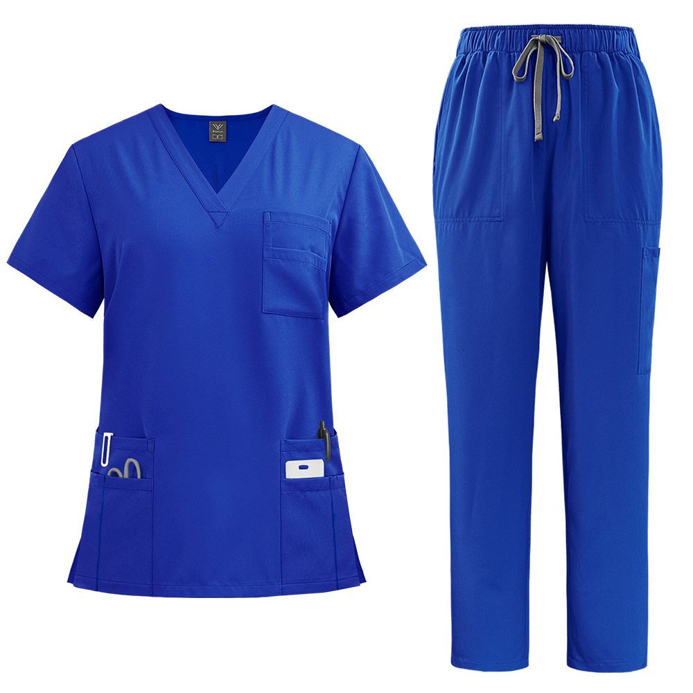 New V Neck Split Medical Work Uniform Flap Pocket Pants Straight Pants Hand Wash Clothes Icu Work Clothes Same Style for Men and Women