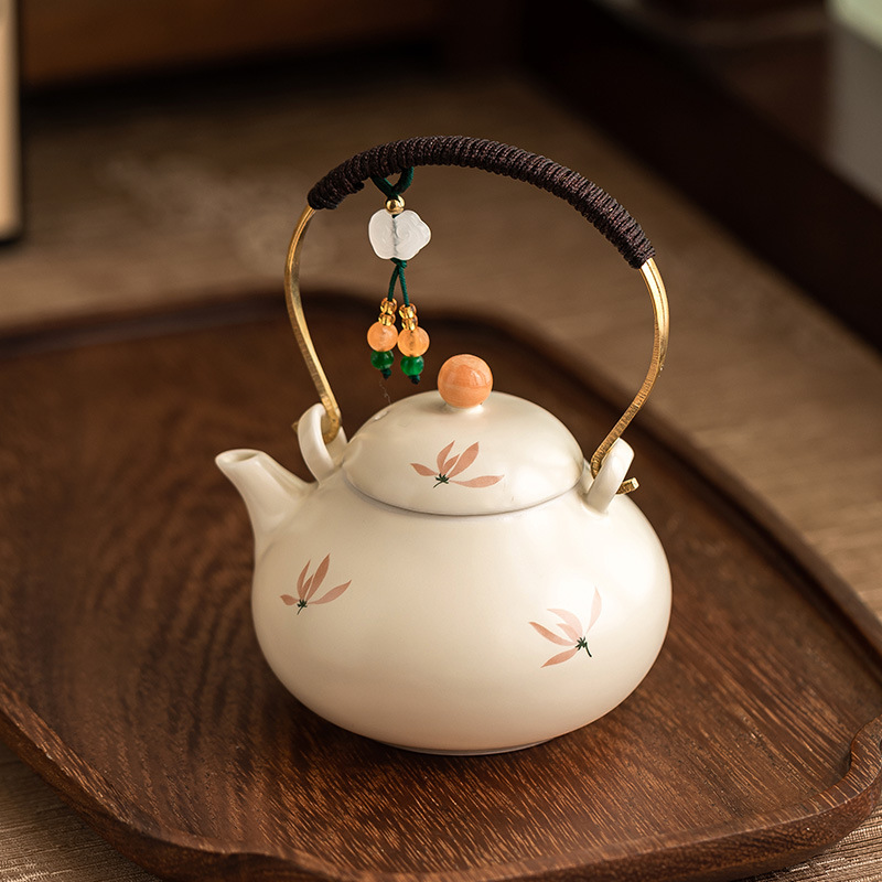 Rice Yellow Glazed Orchid Tying Rope Lifting Pot Large Capacity Teapot Single Pot Chinese Ceramic Tea Set Household Tea Boiling Teapot