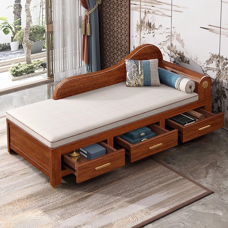 All Solid Wood Chaise Lounge Chair, Living Room Lounge Chair, Chaise Lounge, Modern Chinese Style Sofa with Cushion, Solid Wood Chaise Lounge