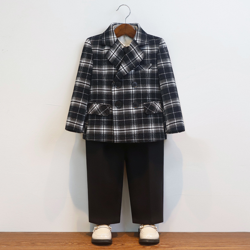 Children's Suit suit Autumn and Winter New British Plaid Small Suit Coat Boy's One-year-old Flower Boy Host Performance Coat