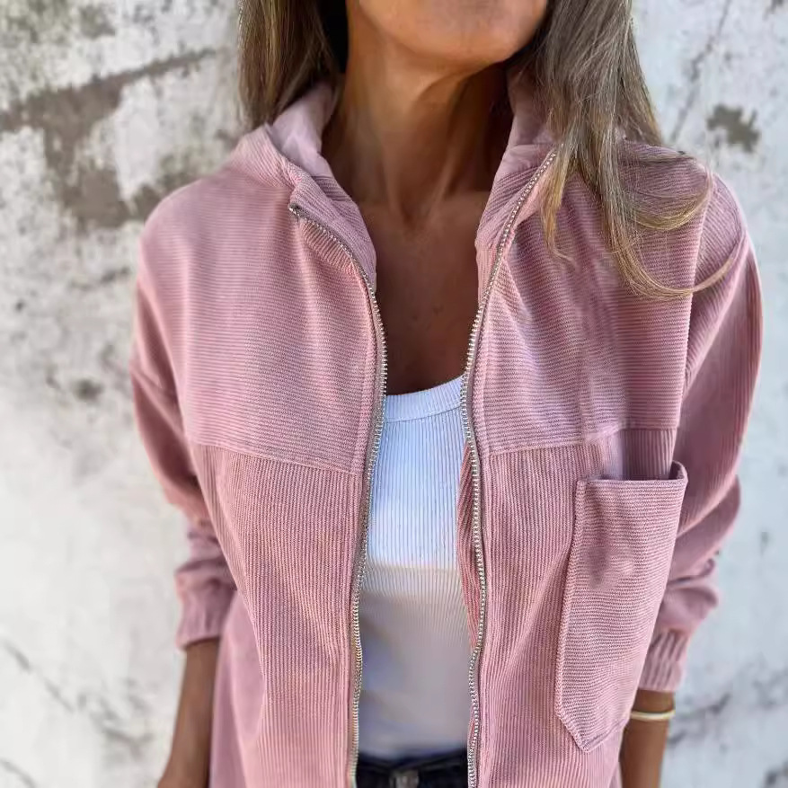 Independent Station Cross-border Hot Selling Autumn New Solid Color Jacket Women's European and American Simple Wind Corduroy Hooded Jacket for Women