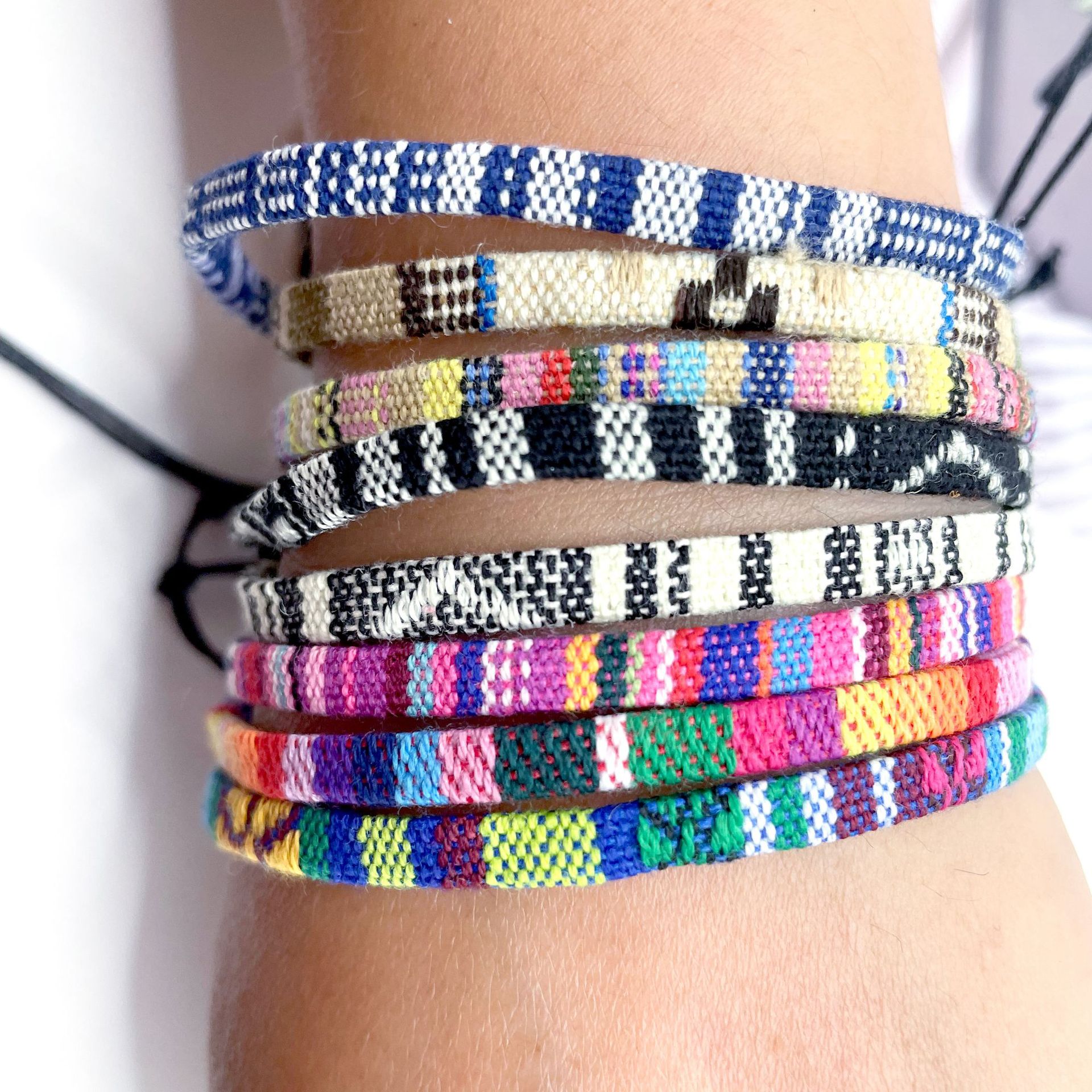 Amazon hot Nepal style cotton and linen woven fabric rainbow bracelet anklet all-match color adjustable bare feet