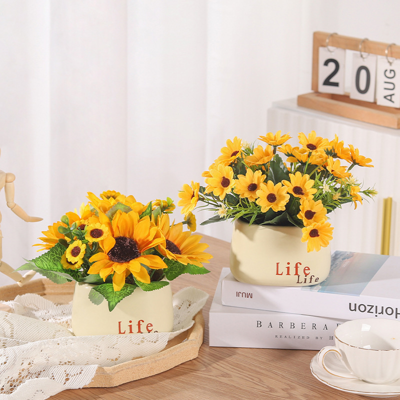 Manufacturer Wholesale Sunflower Artificial Flowers Living Room Restaurant Artificial Flowers Green Plants Potted Home Desktop Decoration Flower Pot Ornaments