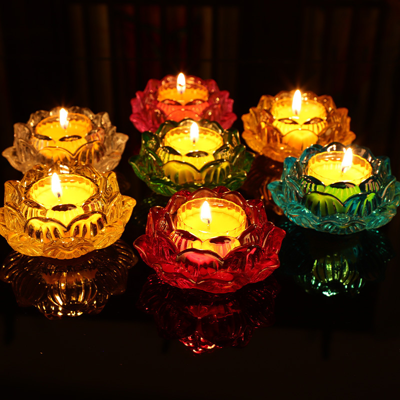 Colorful Crystal Glazed Lotus Flower Lamp Holder Butter Lamp Candle Holder Buddha Serving Lamp Long Ming Lamp Buddha Articles Lamp Holder