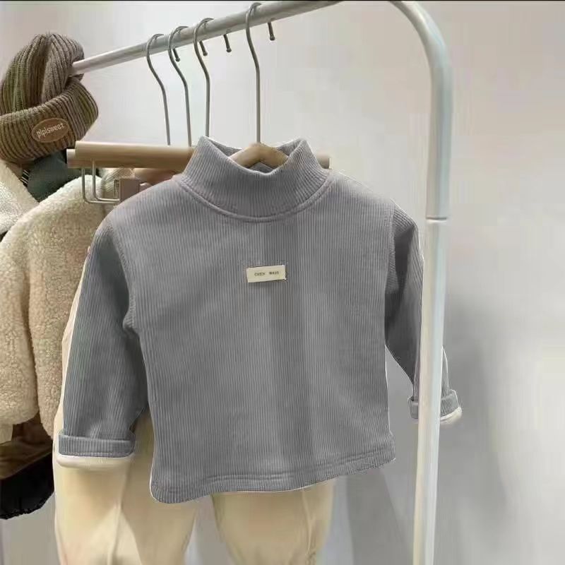 Children's Bottoming Shirt with Velvet Half Turtleneck Autumn and Winter New Korean Style All-In-One Velvet Top for Boys and Girls Factory Wholesale