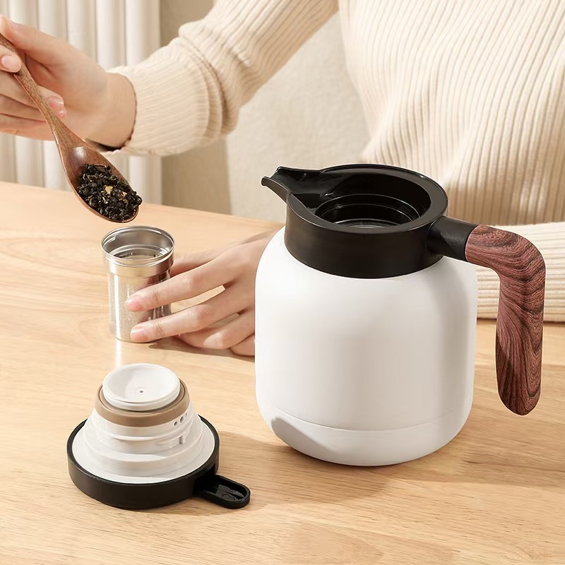 Large-Capacity Wood Grain Handle Office Tea Water Separation Stewing Teapot Household Portable Insulated Kettle Portable Frosted Texture