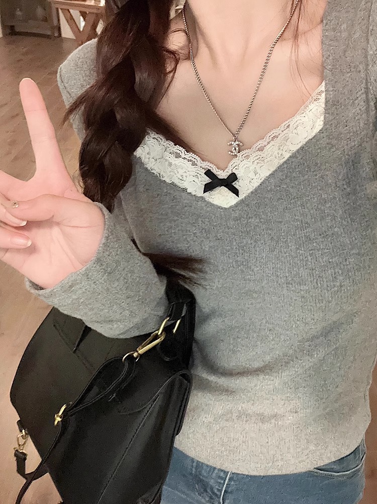 Рубашка с кружевной вставкой и теплым начесом, длинный рукав, для женщин, осень-зима, серый, облегающий, с бархатным верхом