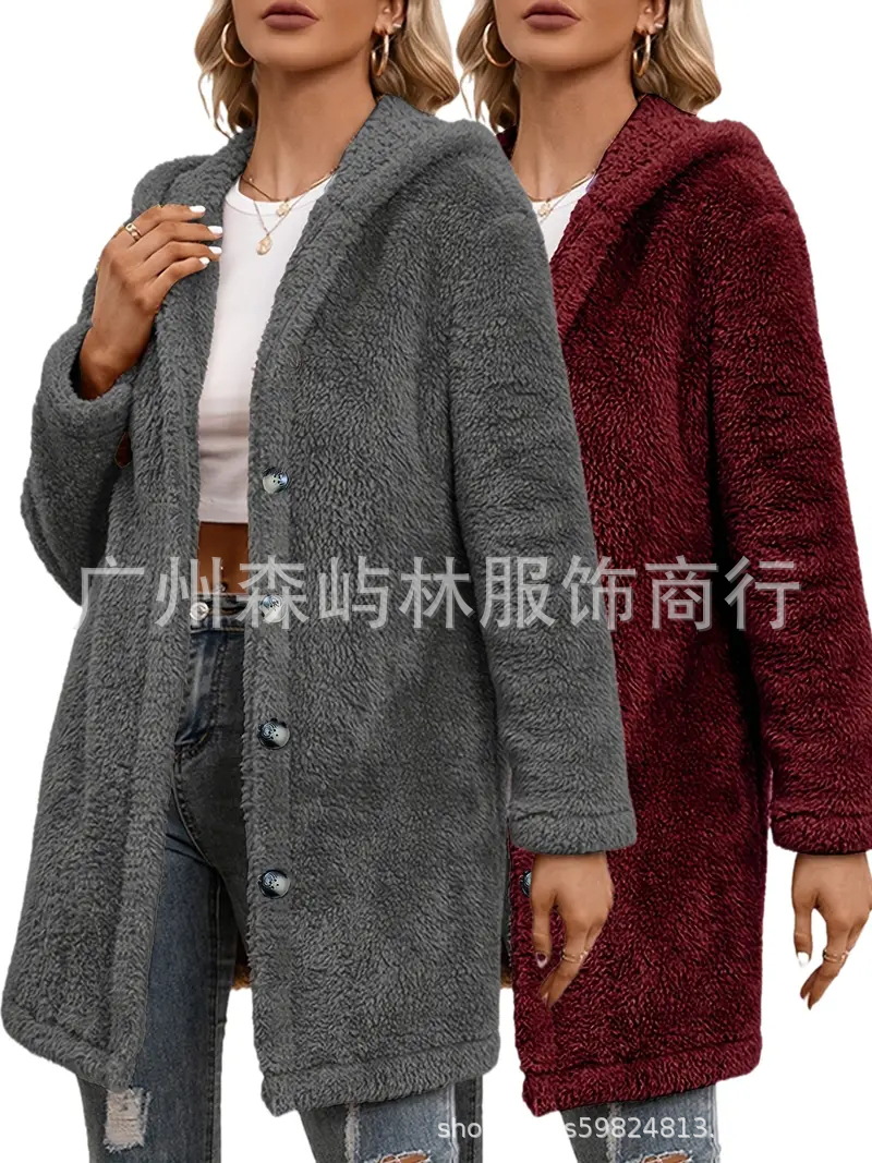 Кросс-бодрствующий европейский и американский новый фланелевый полудлинный плюшевый жакет свободного кроя с капюшоном повседневный кардиган с длинным рукавом осень и зима