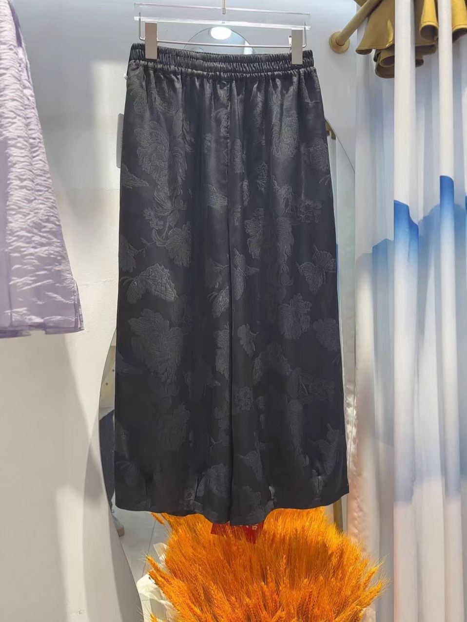 New Chinese-Style Retro Jacquard Wide-Leg Pants Summer New Rayon Satin Jacquard Long Pants Cool Thin Drape Pants