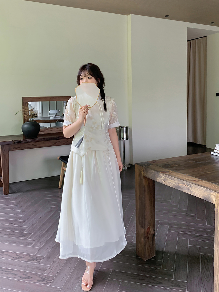 A487 New Summer Product Plus Fat Plus Size Women's New Chinoiserie Suit Women's Improved Version Cheongsam Embroider Two-Piece Set Slimming Look