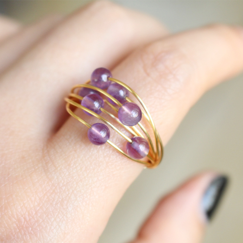 European and American vintage natural stone ring color crystal agate star round bead ring women's woven ring wholesale