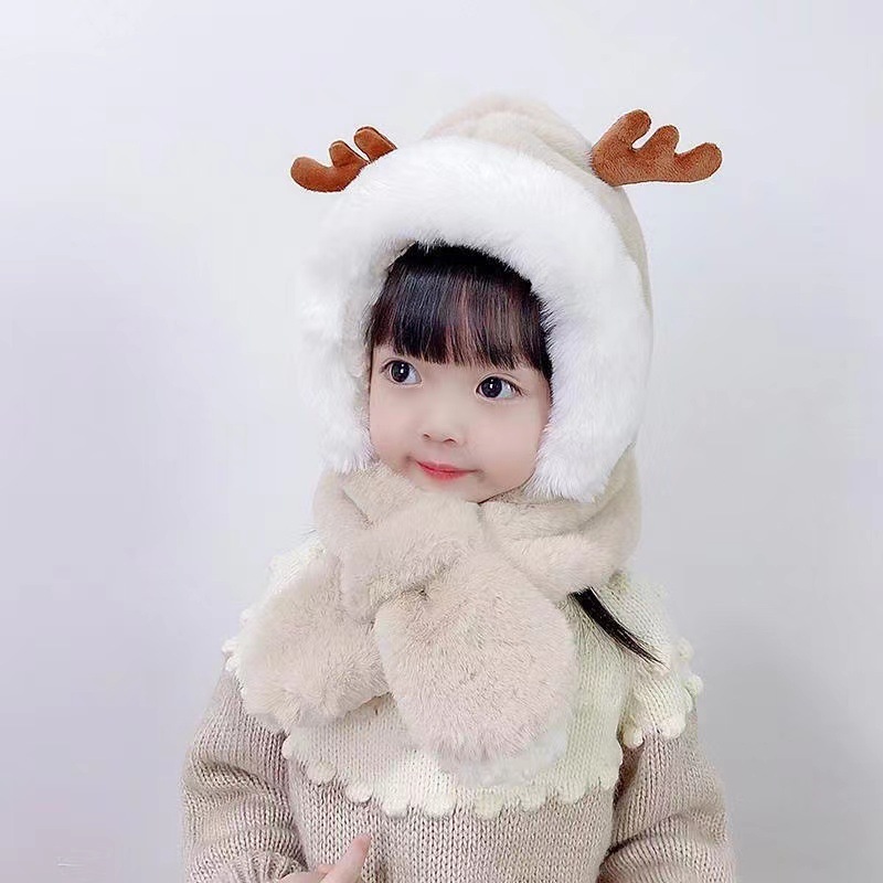 2023 Boys and Girls Thickened Warm New Winter Children's Hat and Scarf Integrated Stuffed Cute Antler Ear Protection Hat