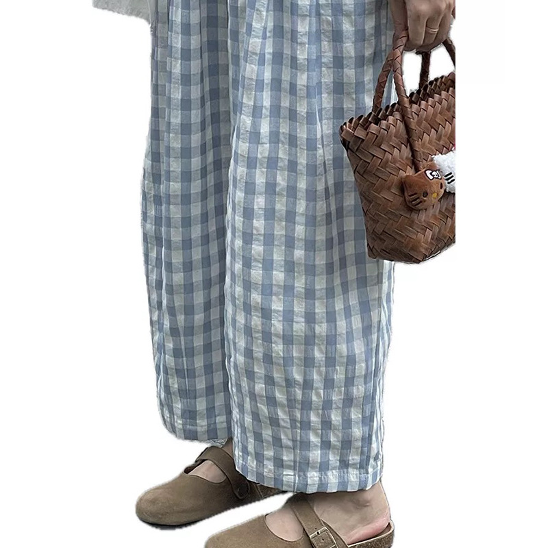 This year's popular plat pants cotton and linen wide legs chubby girl small belly covering hip width baby blue pants summer