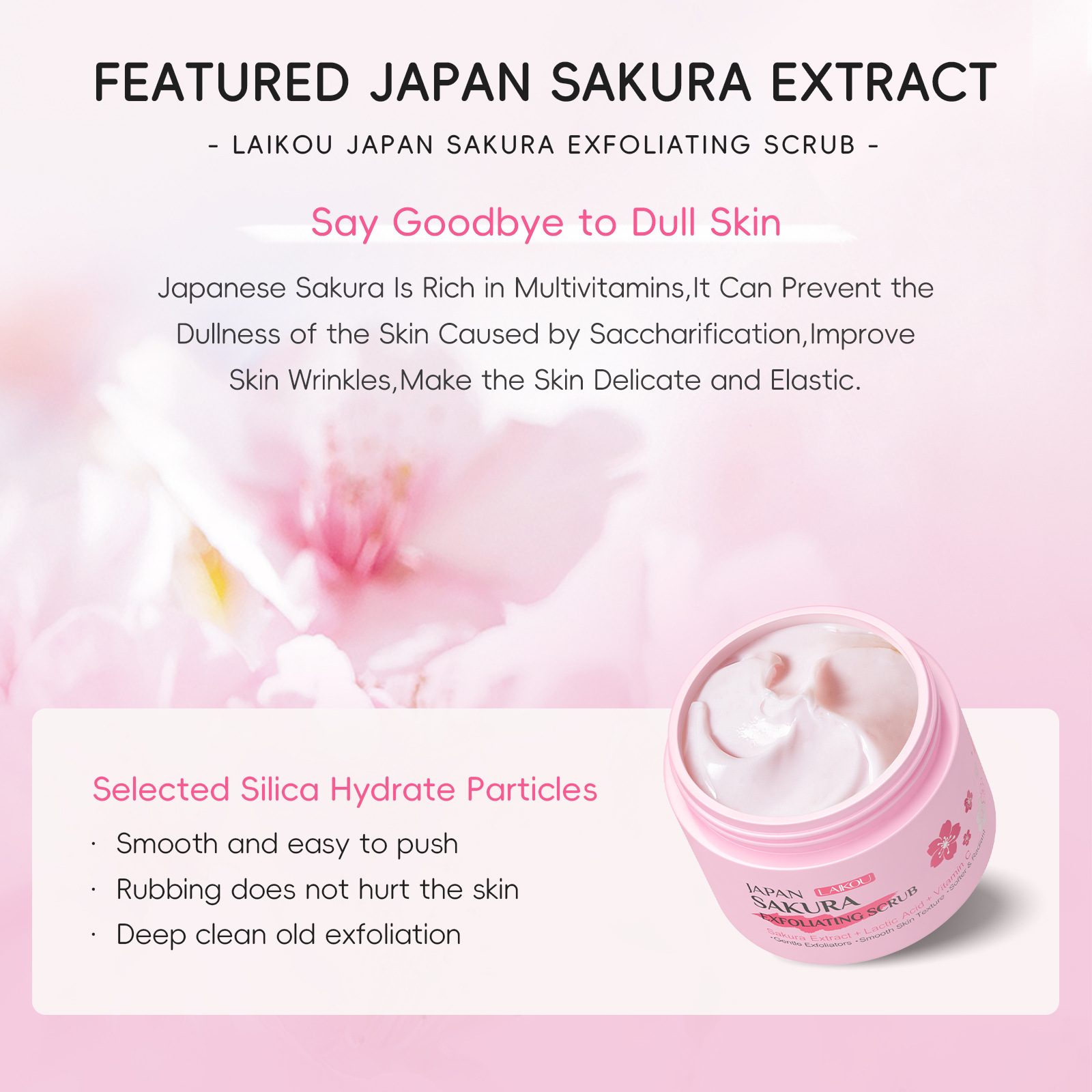 Cross-Border New Product Laikou Sakura Scrub 25g Cleansing and Moisturizing Full English Packaging Cross-Border Supply Manufacturer