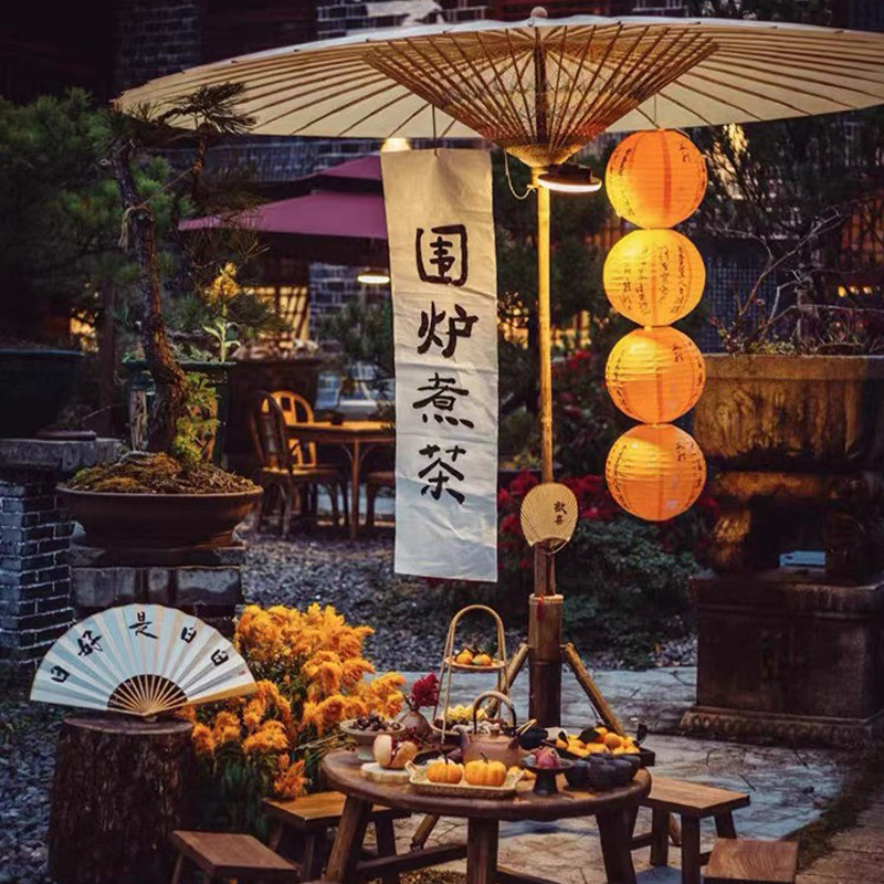 Chinese Style Outdoor Large Oil Paper Umbrella Antique Rainproof and Sunshade Large Oil Paper Umbrella Vintage Garden Umbrella Enclosing Stove Tea Mesh Red Umbrella