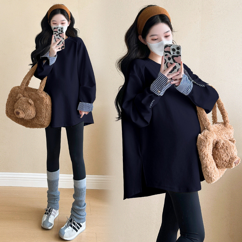 Pregnant Women's Spring Clothing Pregnant Women's Sweat Korean Style Casual Fashion All-match Loose Slimming Sweet Age-reducing Stitching Striped Top