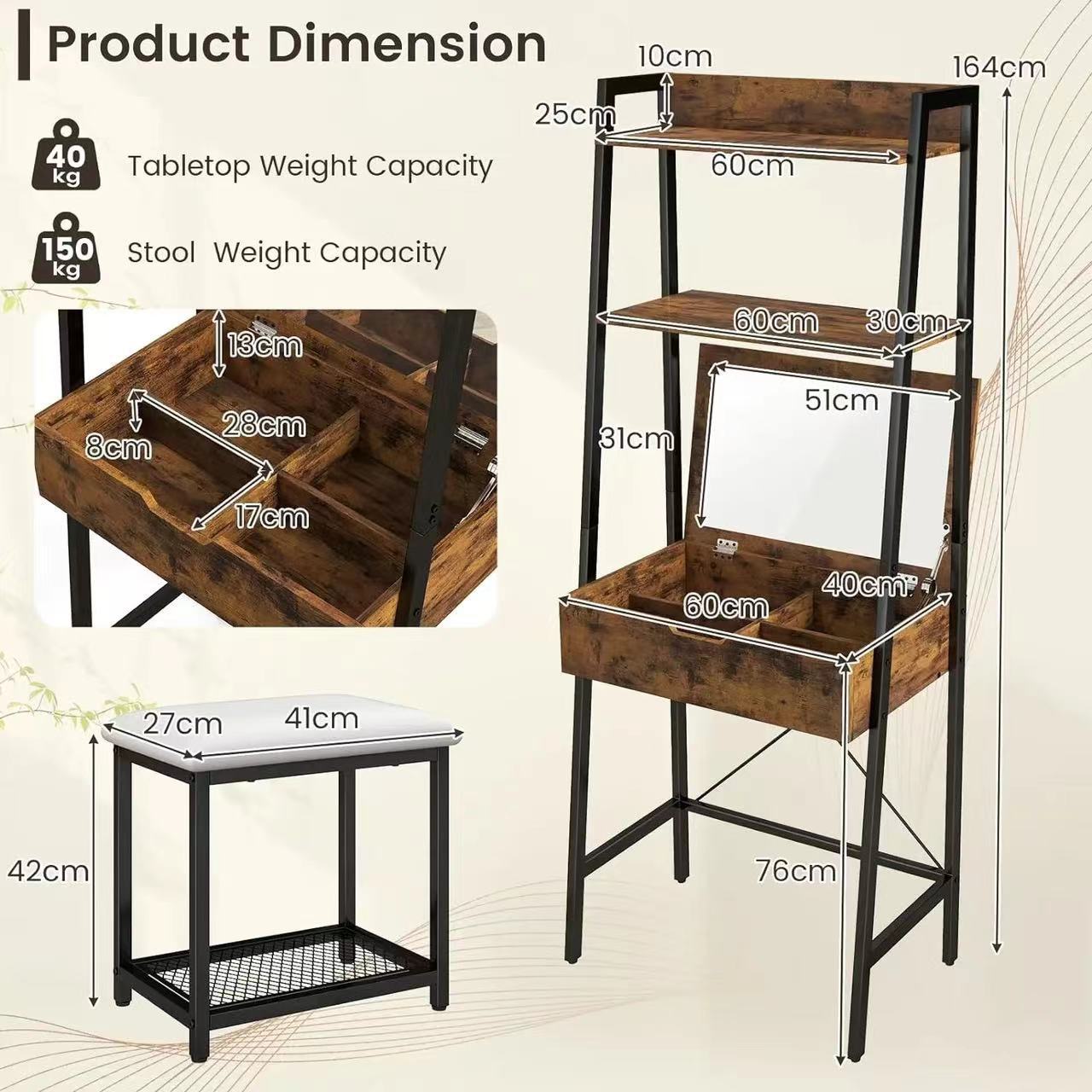 Modern Steel and Wood Makeup Vanity Set, Country Brown Makeup Table Shelf, Desktop with Flip Mirror
