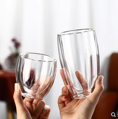 Household double-layer transparent glass water cup creative heat-resistant flower tea cup heat insulation cup cold drink milk juice coffee cup