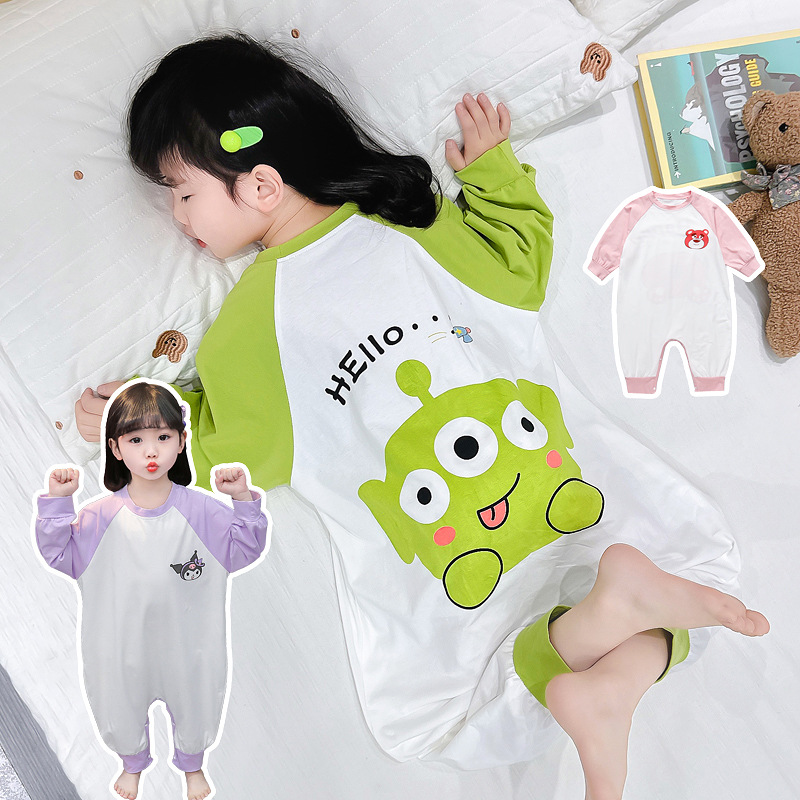 Children's one-piece pajamas spring and autumn cotton long-sleeved 1-year-old boys and girls home wear 3 anti-cold baby sleeping bag