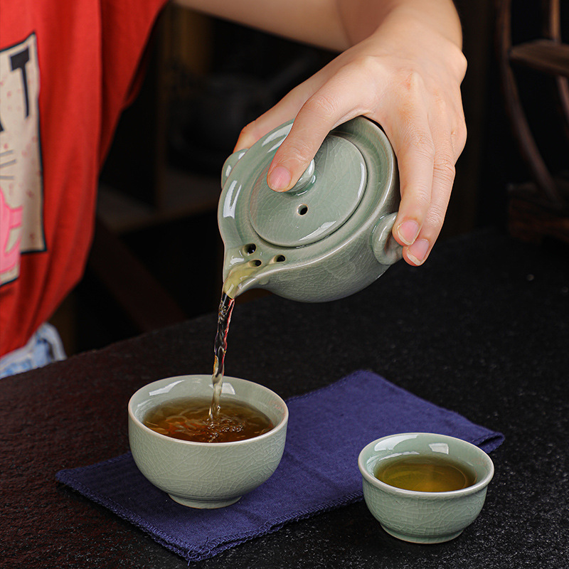 Ge Kiln Ru Kiln Travel Tea Set Express Cup One Pot Two Cups Car Outdoor Portable Tea Maker Gift Tea Set
