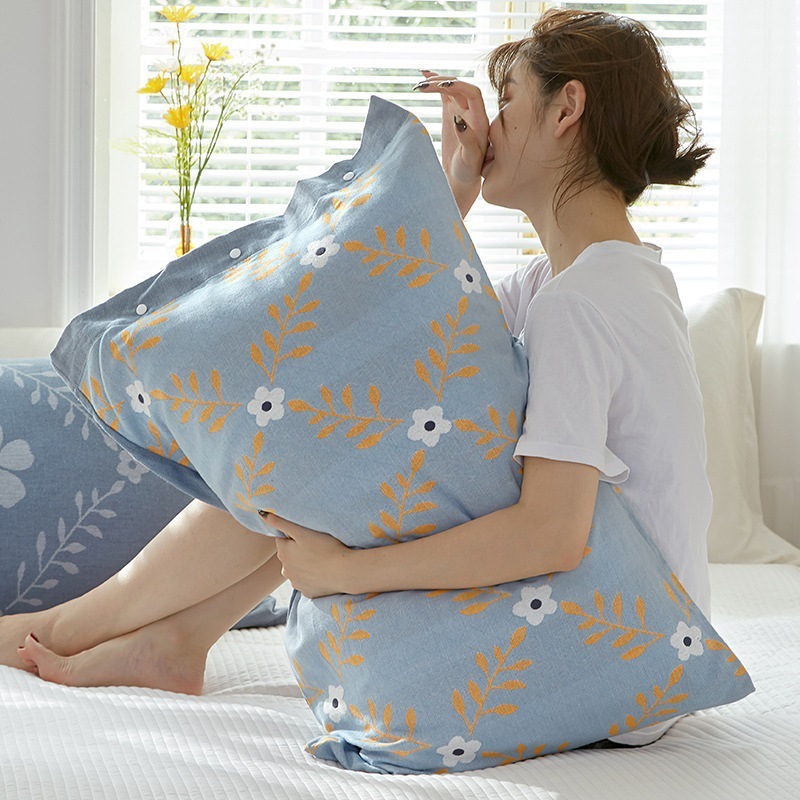 2024 New Pure Cotton Gauze Pillowcase and Pillow Cover Two-In-One Pair of Cotton Buckle Men's Anti-Head Oil