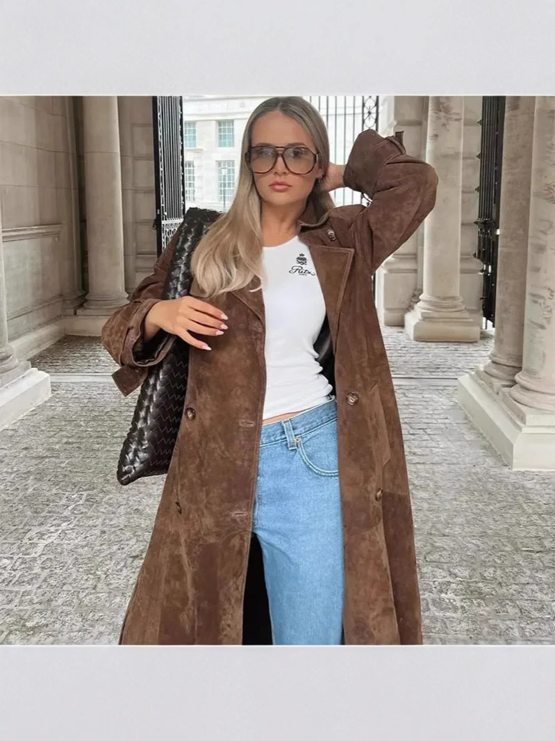 Spot Cross-Border European and American Autumn and Winter Women's Retro Loose Long-Sleeved Belt Double-Breasted Windbreaker Jacket