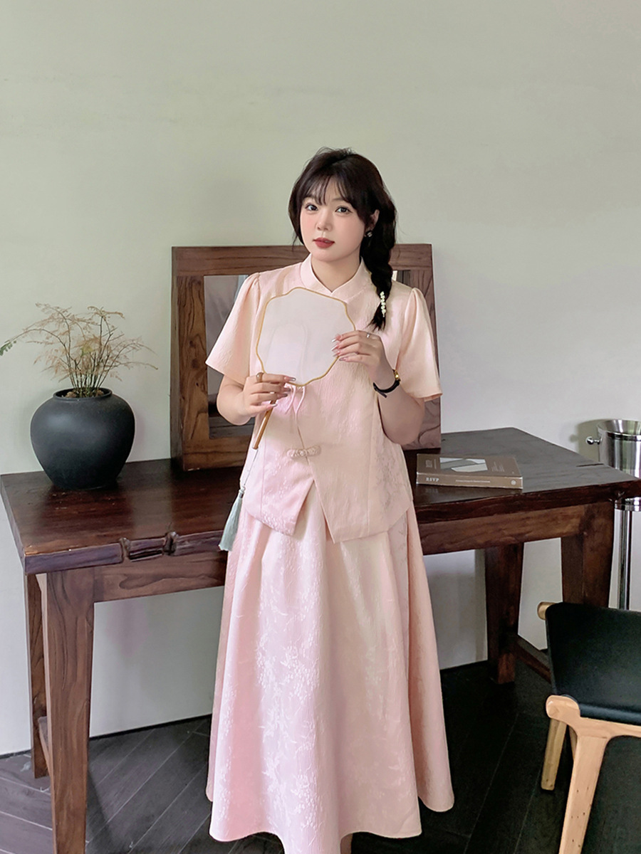 A488 Xuanchen Slightly Fat Large Size New National Style Series Elegant Jacquard Cheongsam Two-Piece Summer Style Belly-Covering Suit