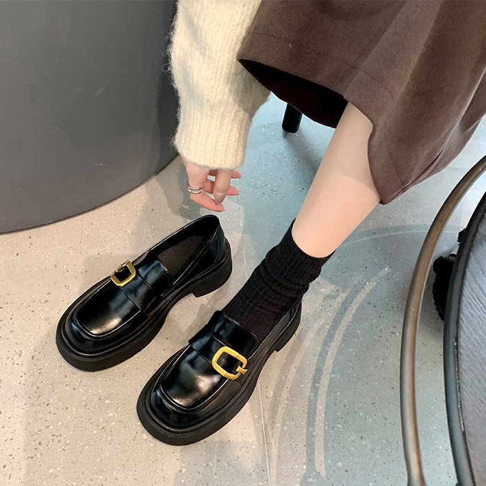 Sheepskin Version ~ Noble Gold Buckle Round Toe British Style Lazy Thick Heel Loafers Women's Genuine Leather Thick-Soled Small Leather Shoes Flats
