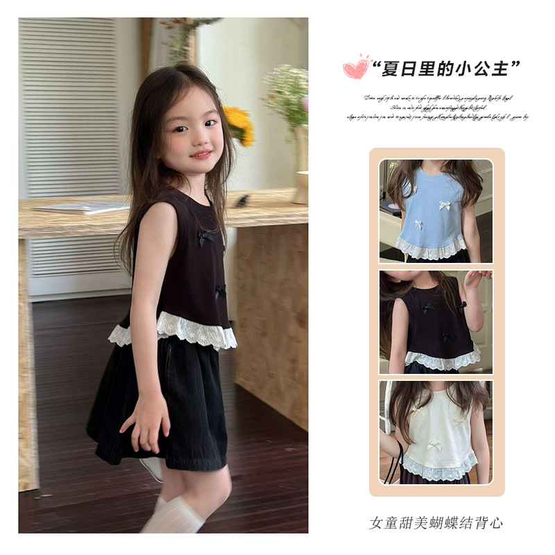 Girls' Bow Short Vest 2024 Summer New Style Baby Lace Splicing Sleeveless Top Trendy