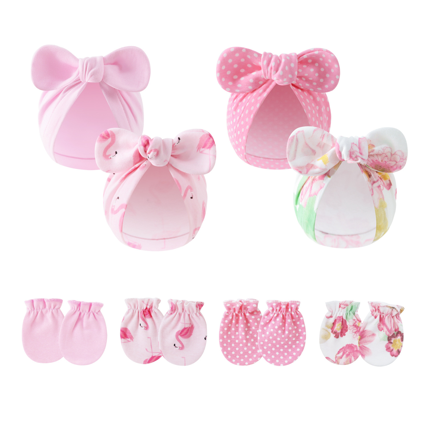 Foreign Trade Spring and Autumn Newborn Baby Fetal Hat Male and Female Baby Pullover Hat Rabbit Ear Bow Indian Hat Cotton Anti-scratch Gloves