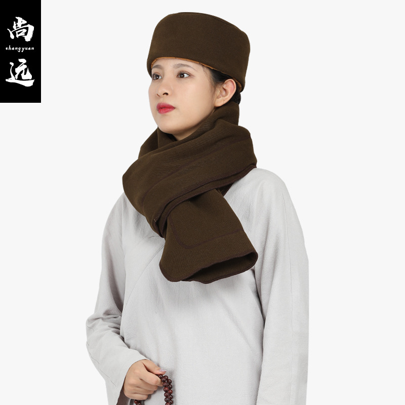 Shangyuan Plush Hat and Scarf Two-Piece Set Warm Monk Hat and Scarf Chinese Style Retro Velvet Hat and Scarf