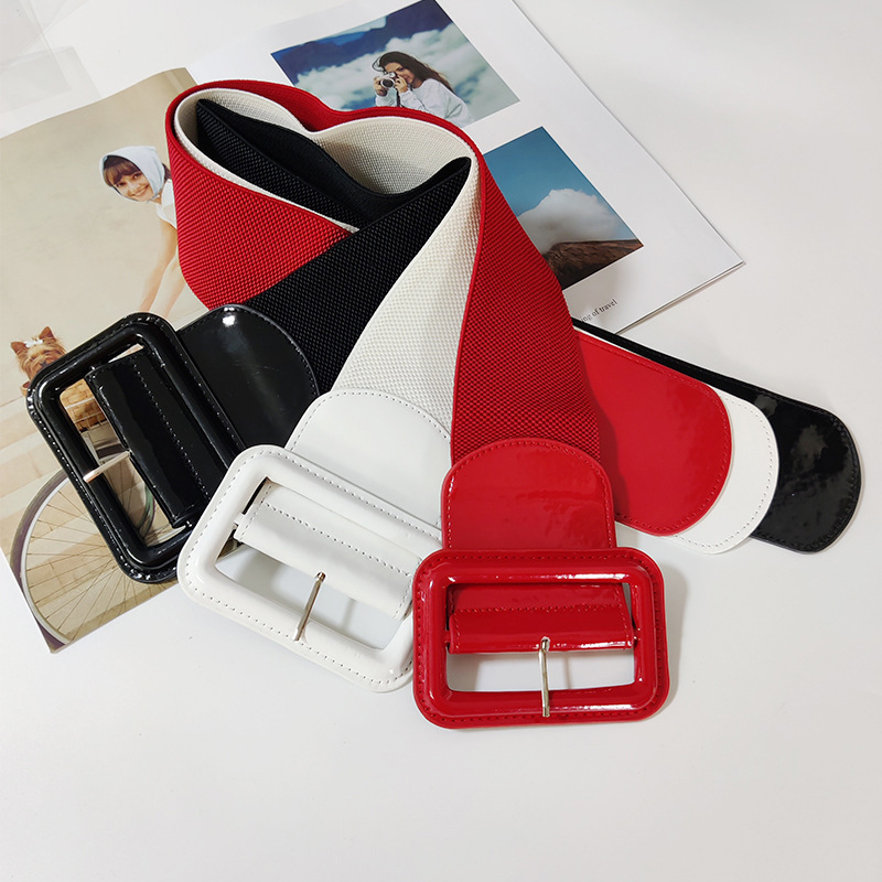 New Red Elastic Belt with Dress, down Jacket, Elastic Waist Cincher, Simple Black Wide Belt