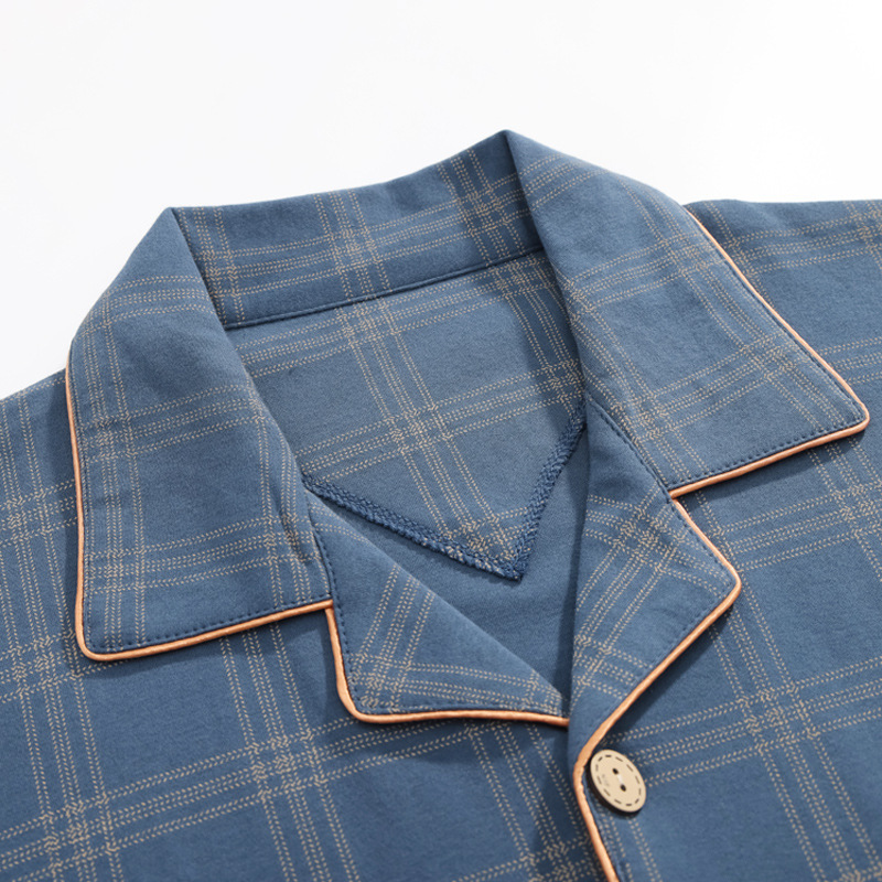 Pure Cotton Pajamas Men's Spring and Autumn Long Sleeve Pure Cotton Thin Plaid Plus Size Casual Outwear Home Suit