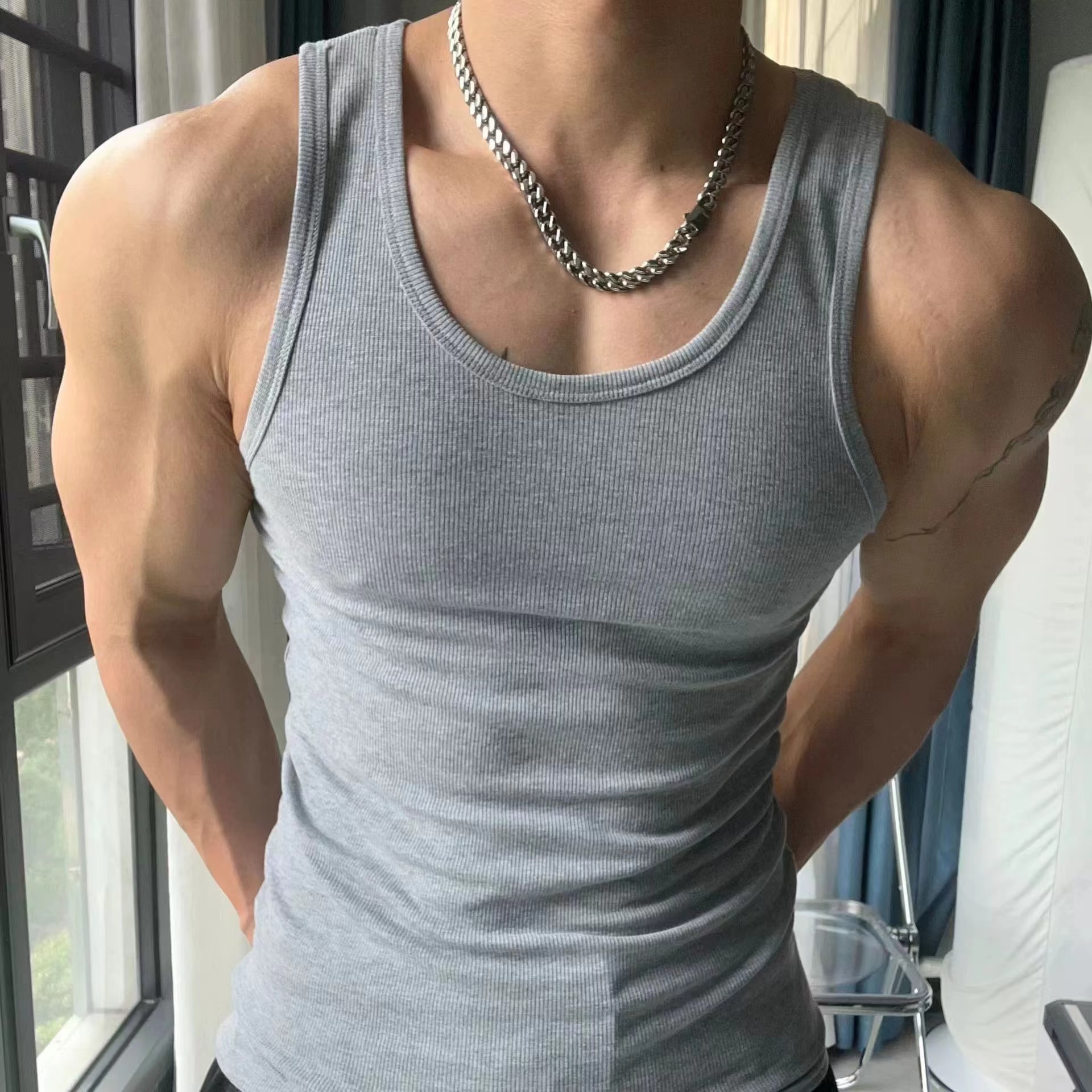 American Style I-shaped Vest Summer Men's Sports Fitness Thick Thread Men's Sleeveless Training Elastic Slim-fit Sweat Absorbing Breathable