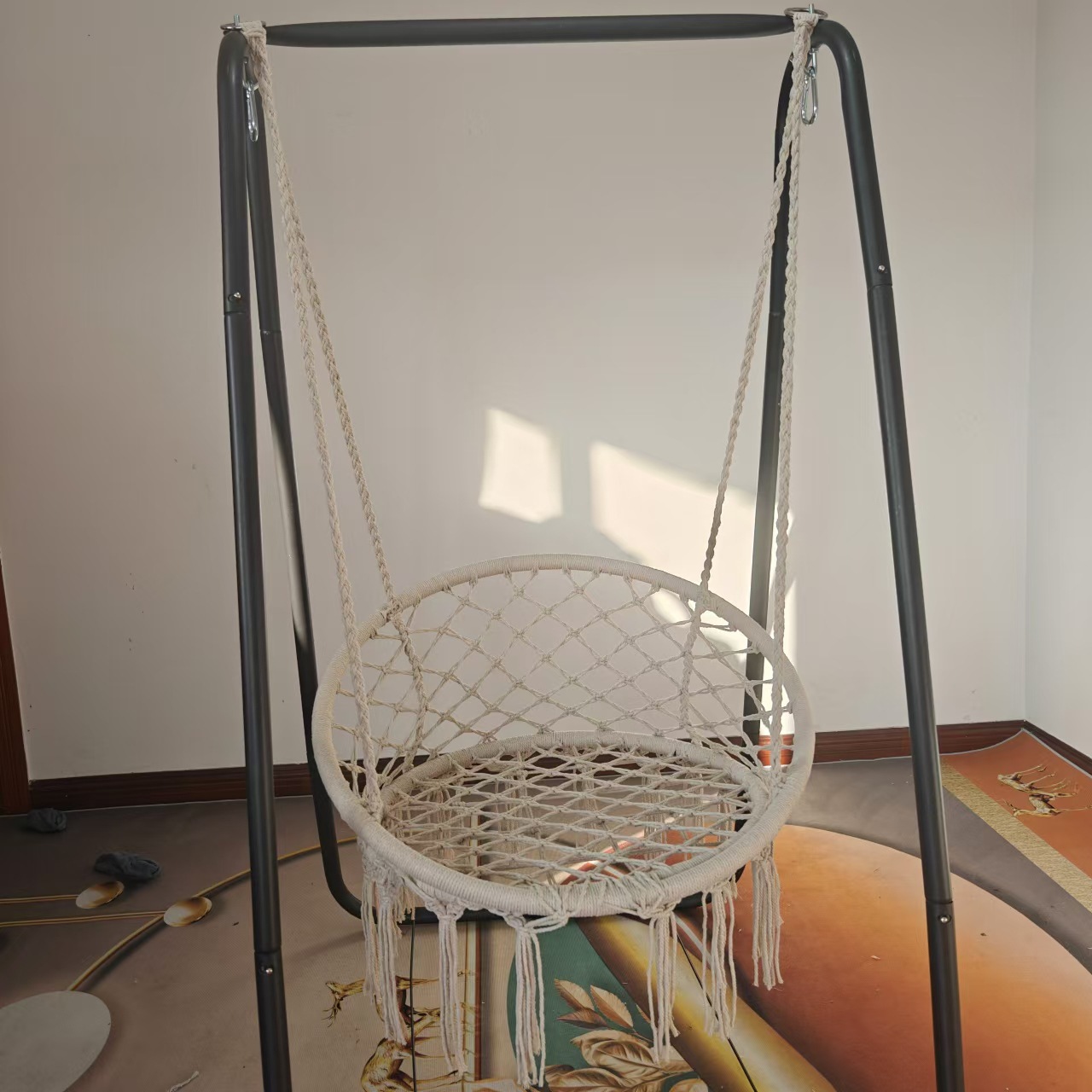 Hanging Basket Hanging Chair Indoor Single Person Household Balcony Swing Net Basket Cotton Rope Woven Rattan Chair Tassel Swing Lazy Chair