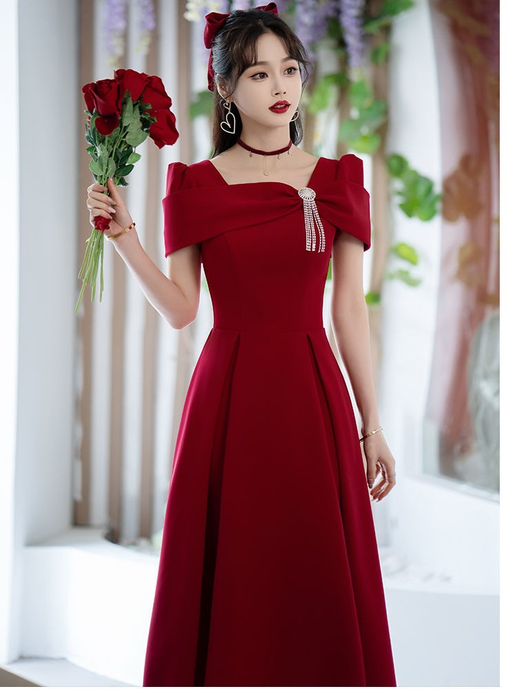 2024 Summer Wedding Toast Dress Bride Engagement Wine Red Dress French High-end Evening Dress Usual Wear
