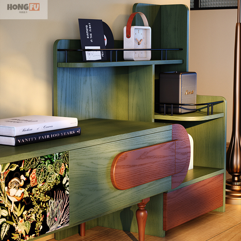 French Retro Solid Wood Tv Cabinet Floor-Standing Small Apartment Living Room Antique Style Combination Ash Wood Floor Cabinet Complete Set